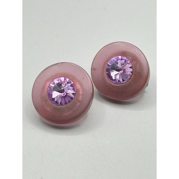 Vintage Purple Rivoli Stones Clip On Earrings Lucite Plastic Clips 80s Jewelry - Picture 6 of 6